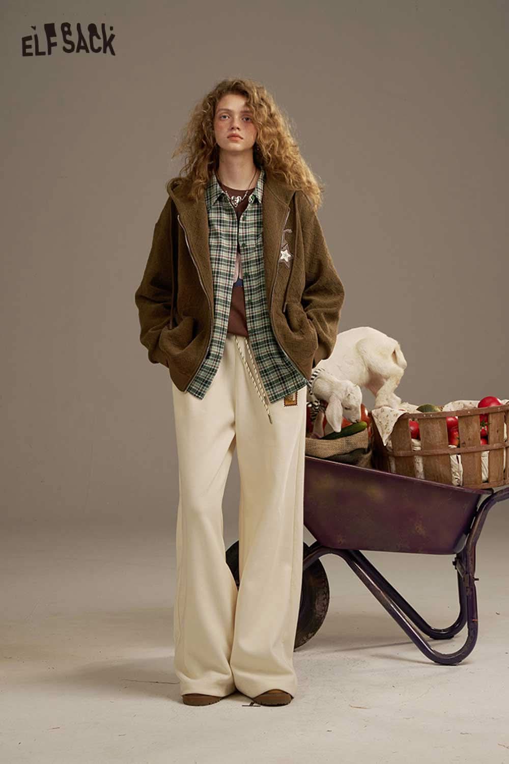 ELFSACK women's plaid shirt with back print styled with a cozy jacket and relaxed pants