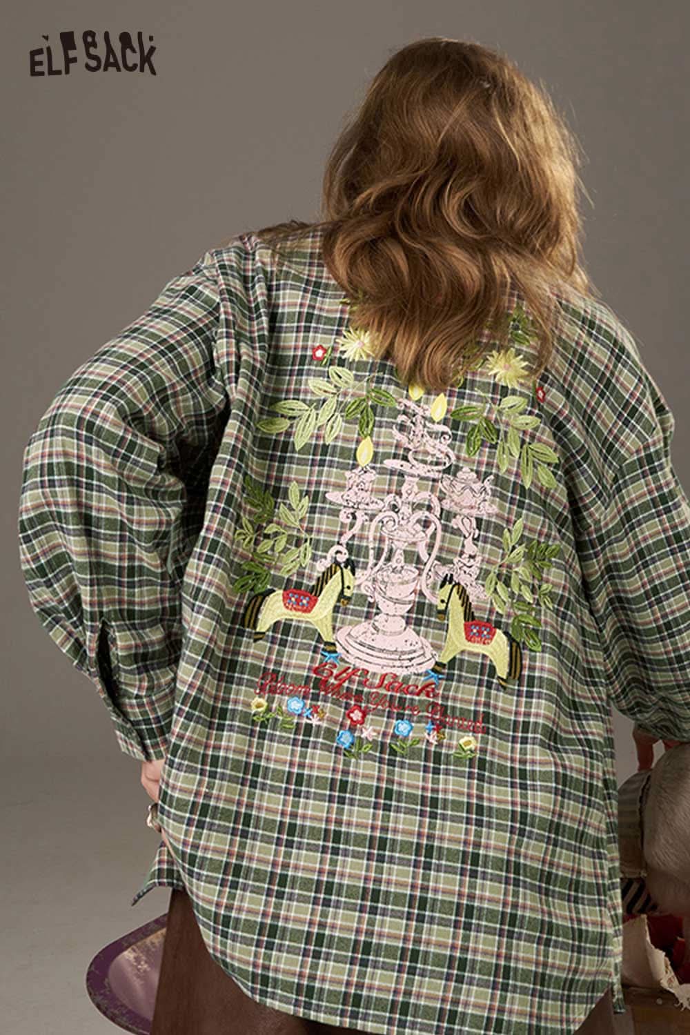 ELFSACK women's plaid shirt with back print featuring colorful floral and vintage design details