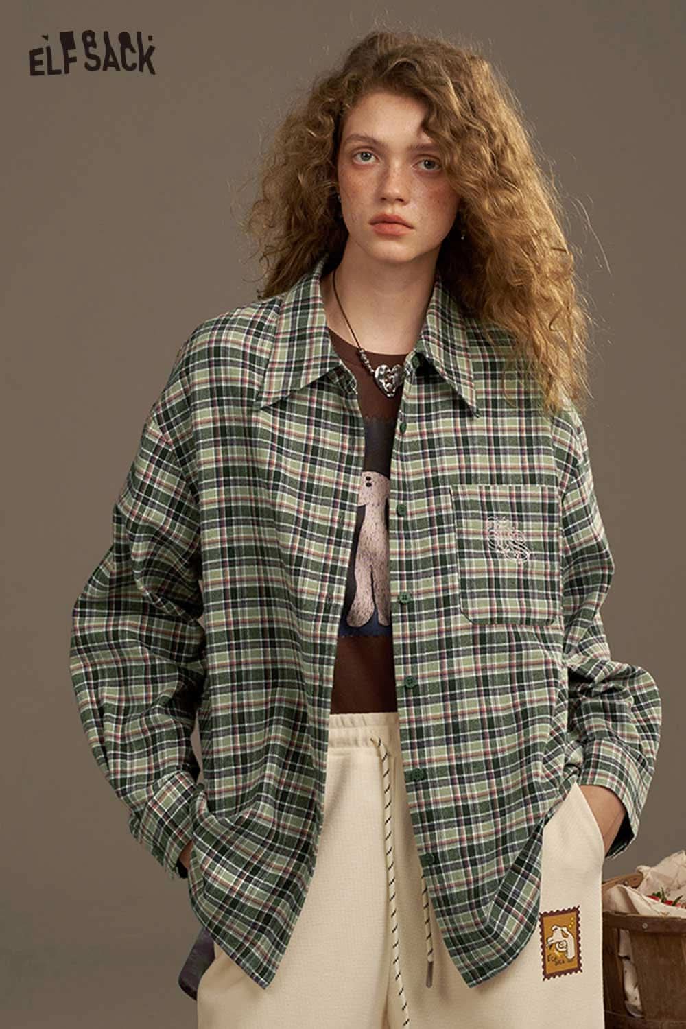 ELFSACK women's plaid shirt with back print featuring a relaxed fit and classic styling
