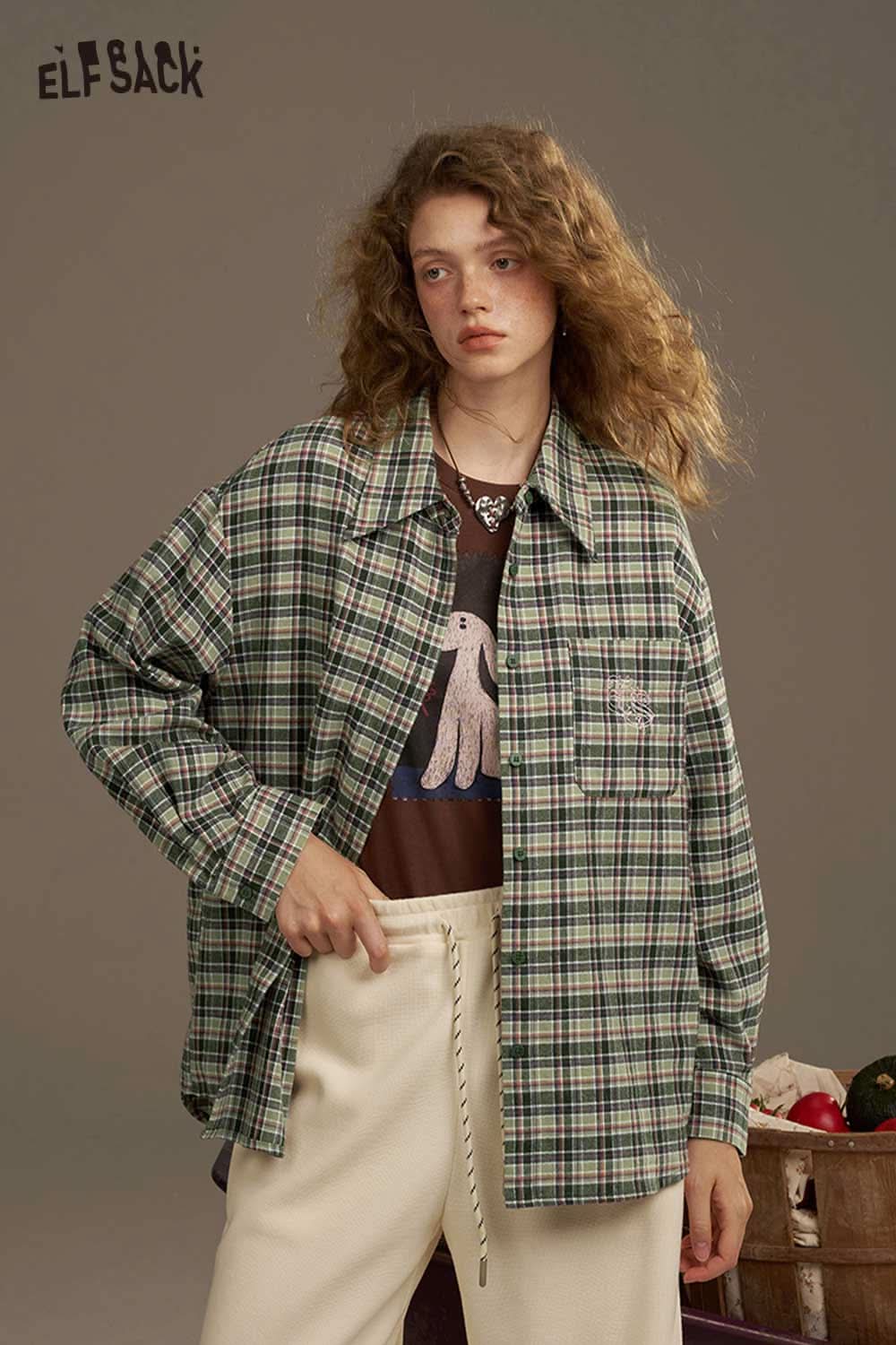 ELFSACK women's plaid shirt with back print featuring a relaxed fit and casual style