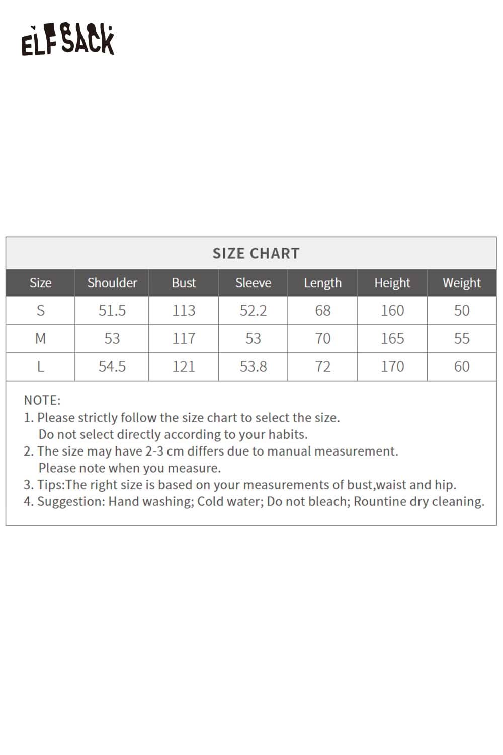 Size chart for ELFSACK women's plaid shirt with back print detailing and fit guide