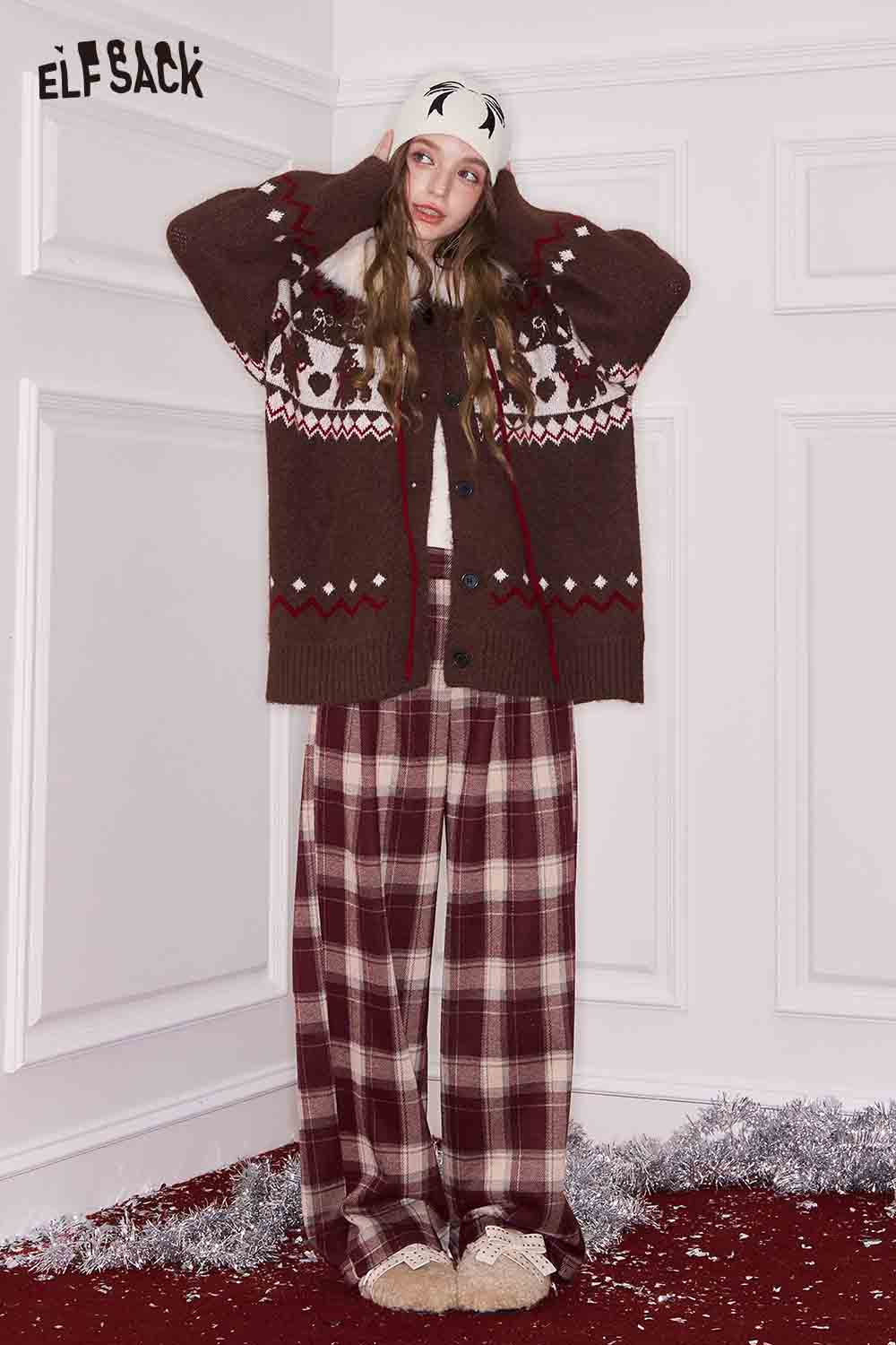 ELFSACK women's plaid straight pants styled with a cozy oversized cardigan and winter accessories