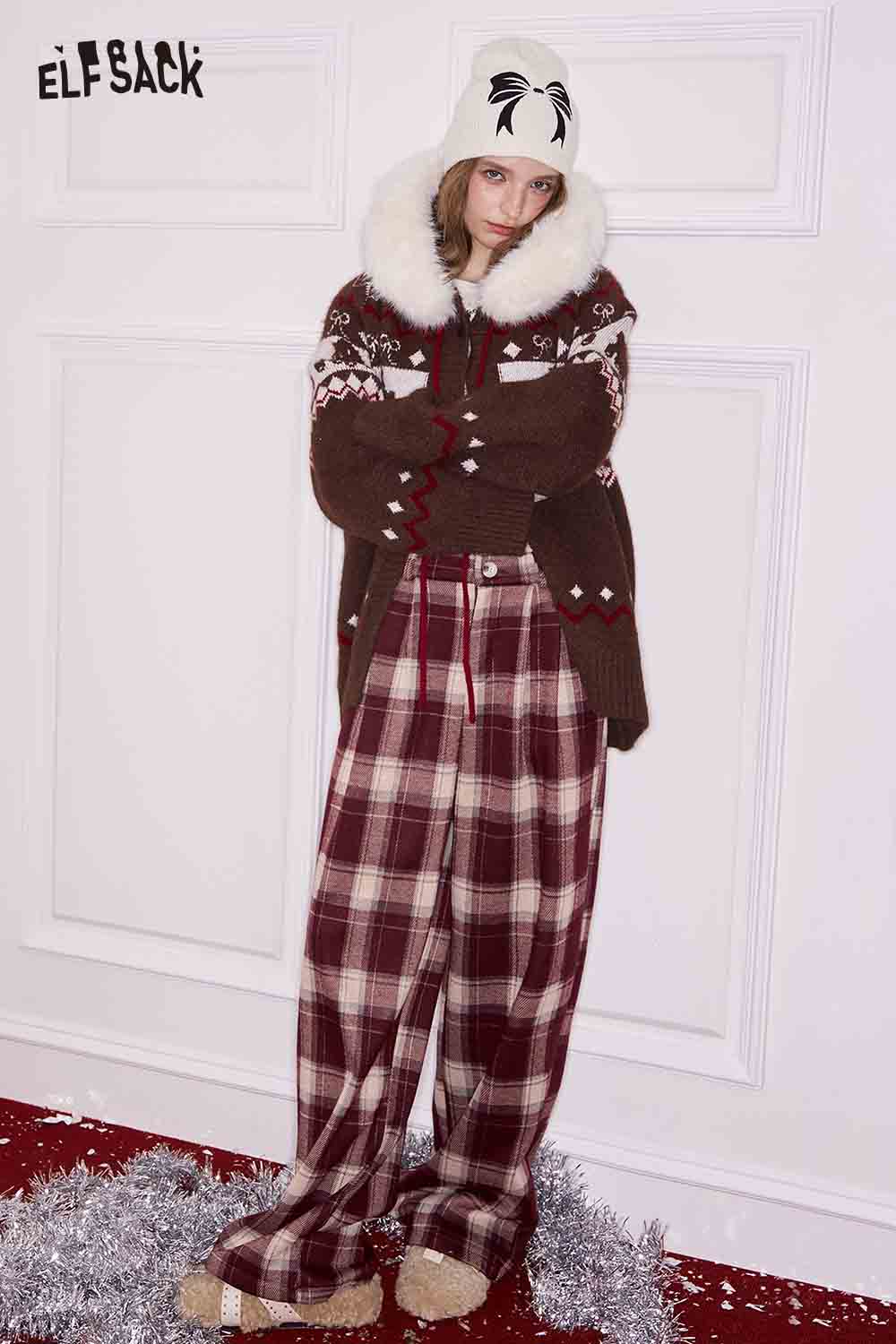 ELFSACK women's plaid straight pants in burgundy with a cozy oversized sweater and winter accessories