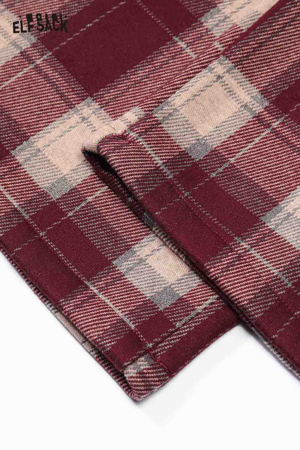 ELFSACK women's plaid straight pants featuring a classic red and beige check pattern