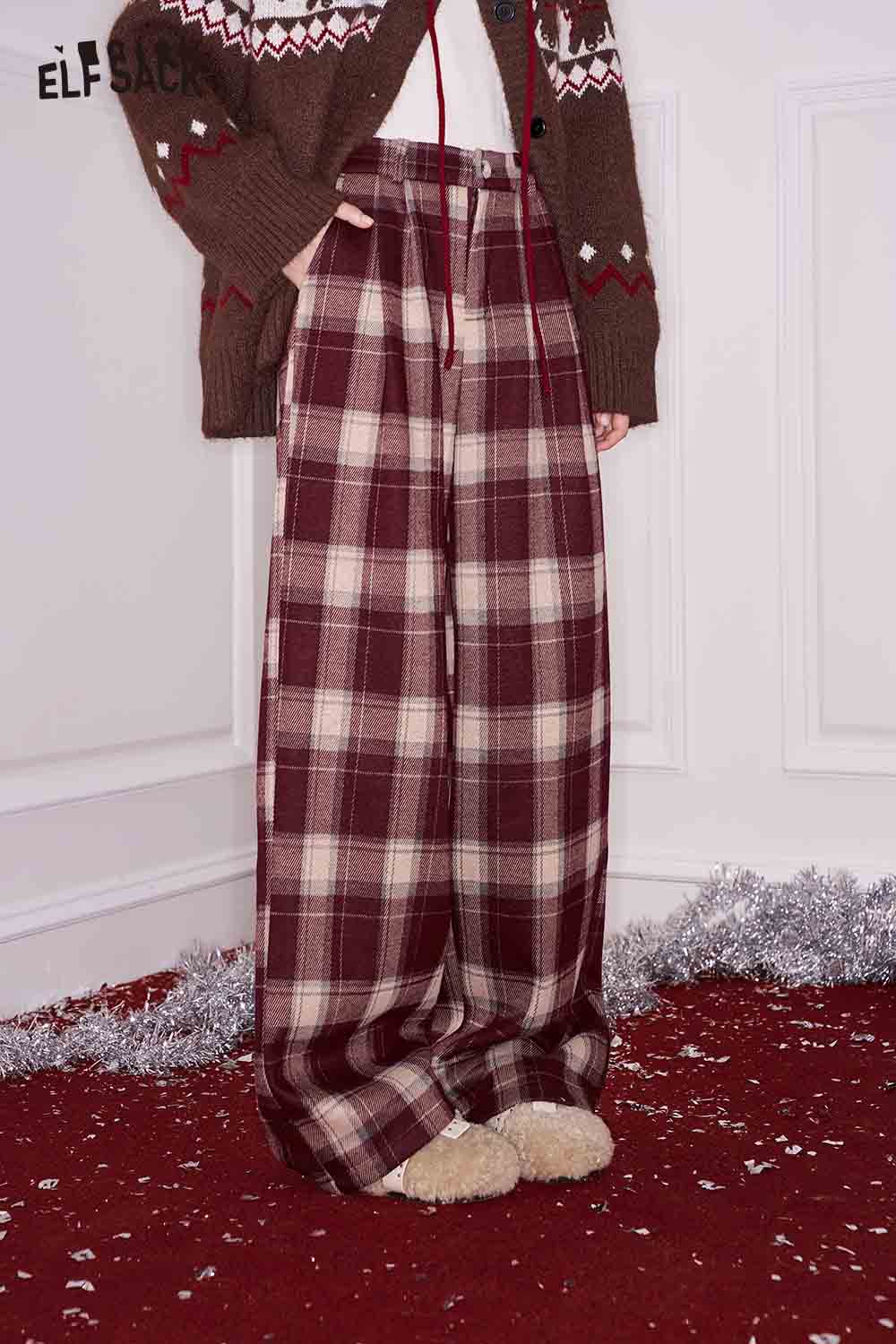 ELFSACK women's plaid straight pants in burgundy and cream with a relaxed fit for comfortable styling