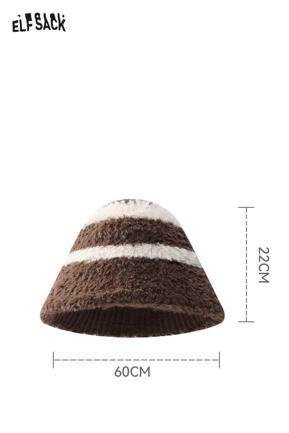 ELFSACK women's plush bucket hat in brown with white stripes, soft and stylish accessory