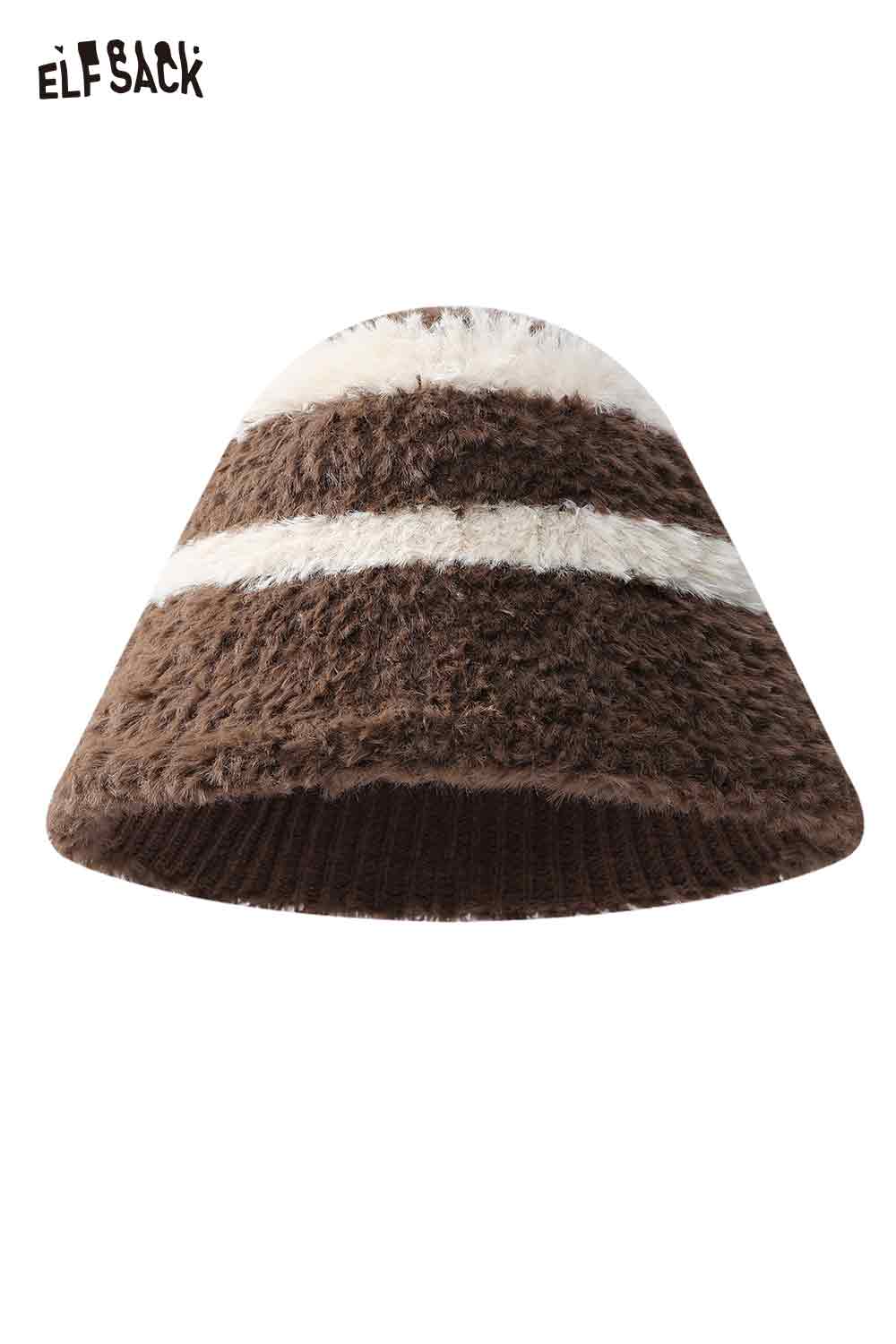 ELFSACK women's plush bucket hat in brown and cream with a stylish striped design