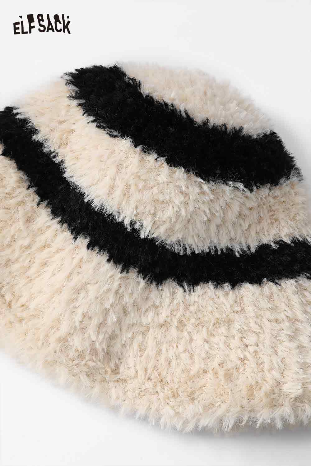 ELFSACK women's plush bucket hat featuring a cozy black and cream fuzzy design