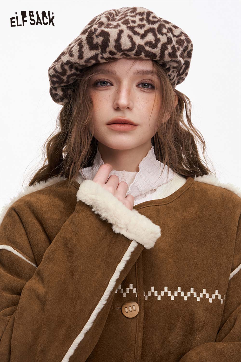 ELFSACK women's plush button coat in brown with cozy fleece lining, perfect for winter fashion