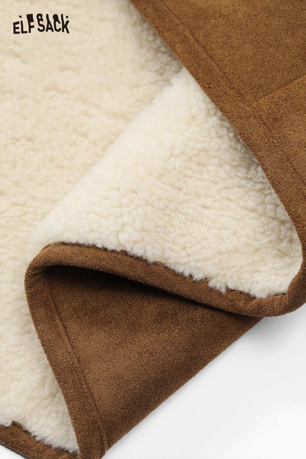 Close-up of ELFSACK women's plush button coat showcasing the soft brown outer fabric and warm fleece lining