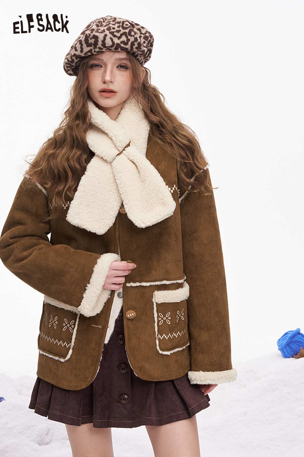 ELFSACK women's plush button coat in brown with cozy fleece lining and decorative pockets