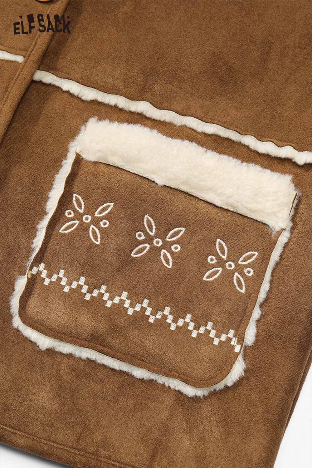 Close-up view of ELFSACK women's plush button coat featuring decorative stitching and a faux fur pocket