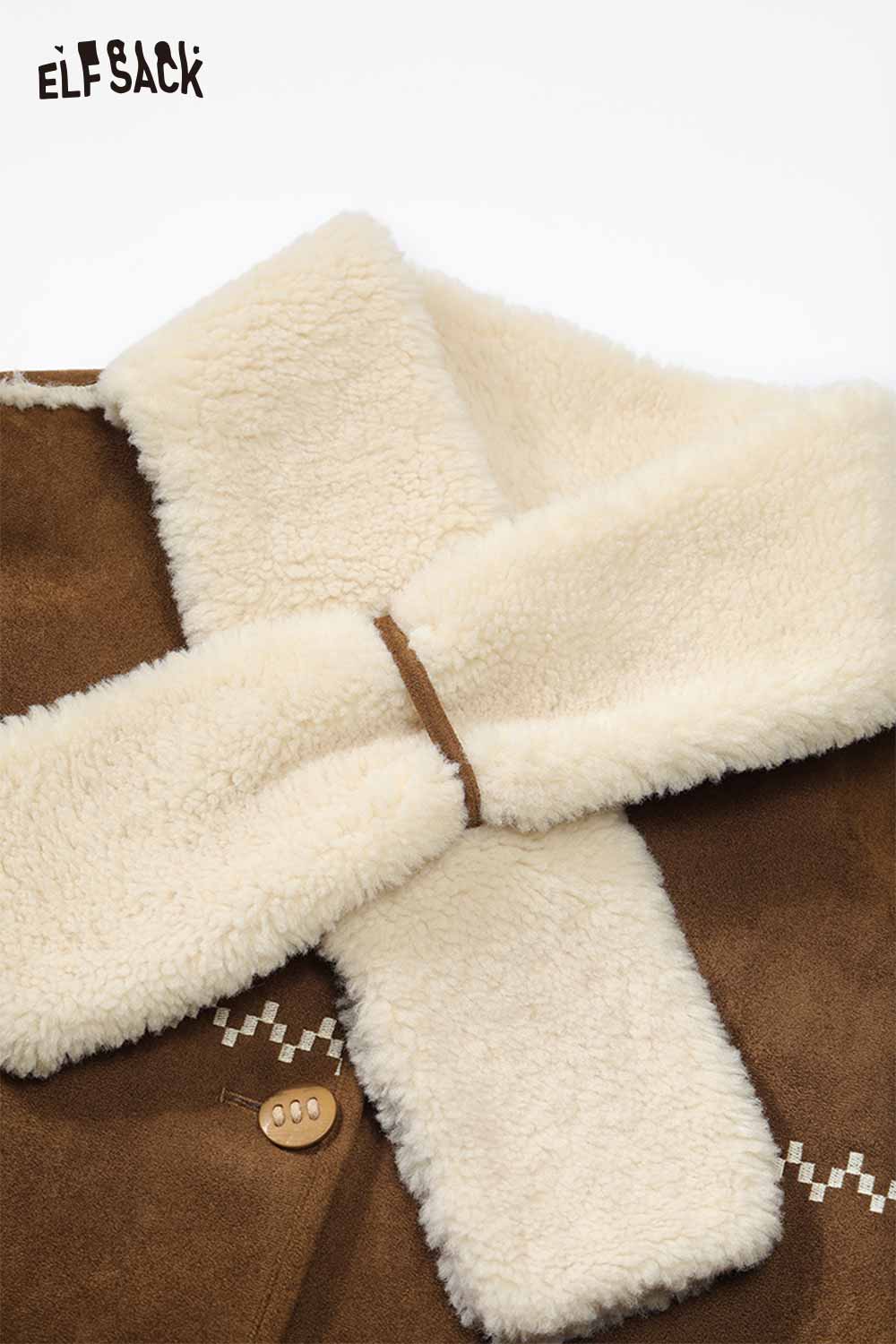 ELFSACK women's plush button coat in brown with soft fur collar and stylish design details