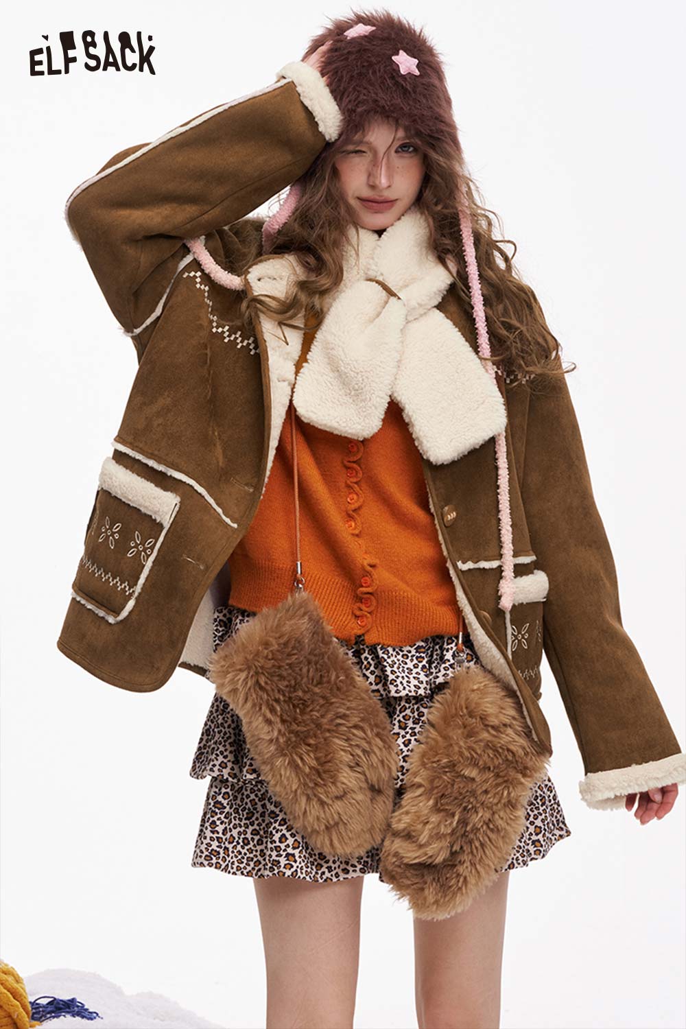 ELFSACK women's plush button coat in brown with decorative stitching and cozy lining for stylish warmth