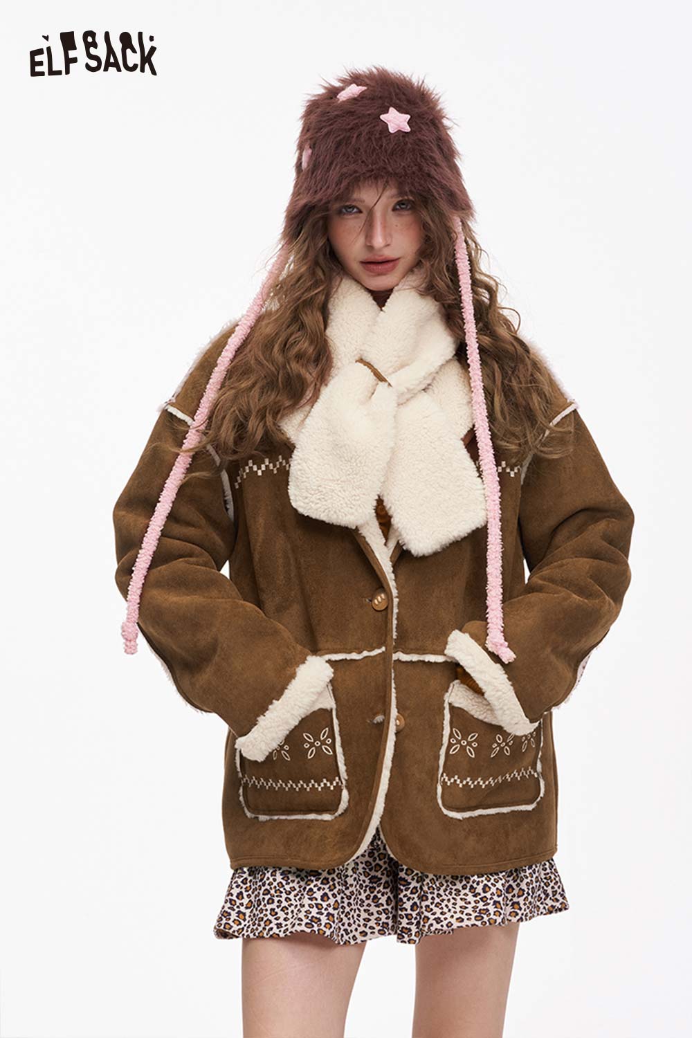 ELFSACK women's plush button coat in brown with cream fleece accents and stylish pockets for warmth