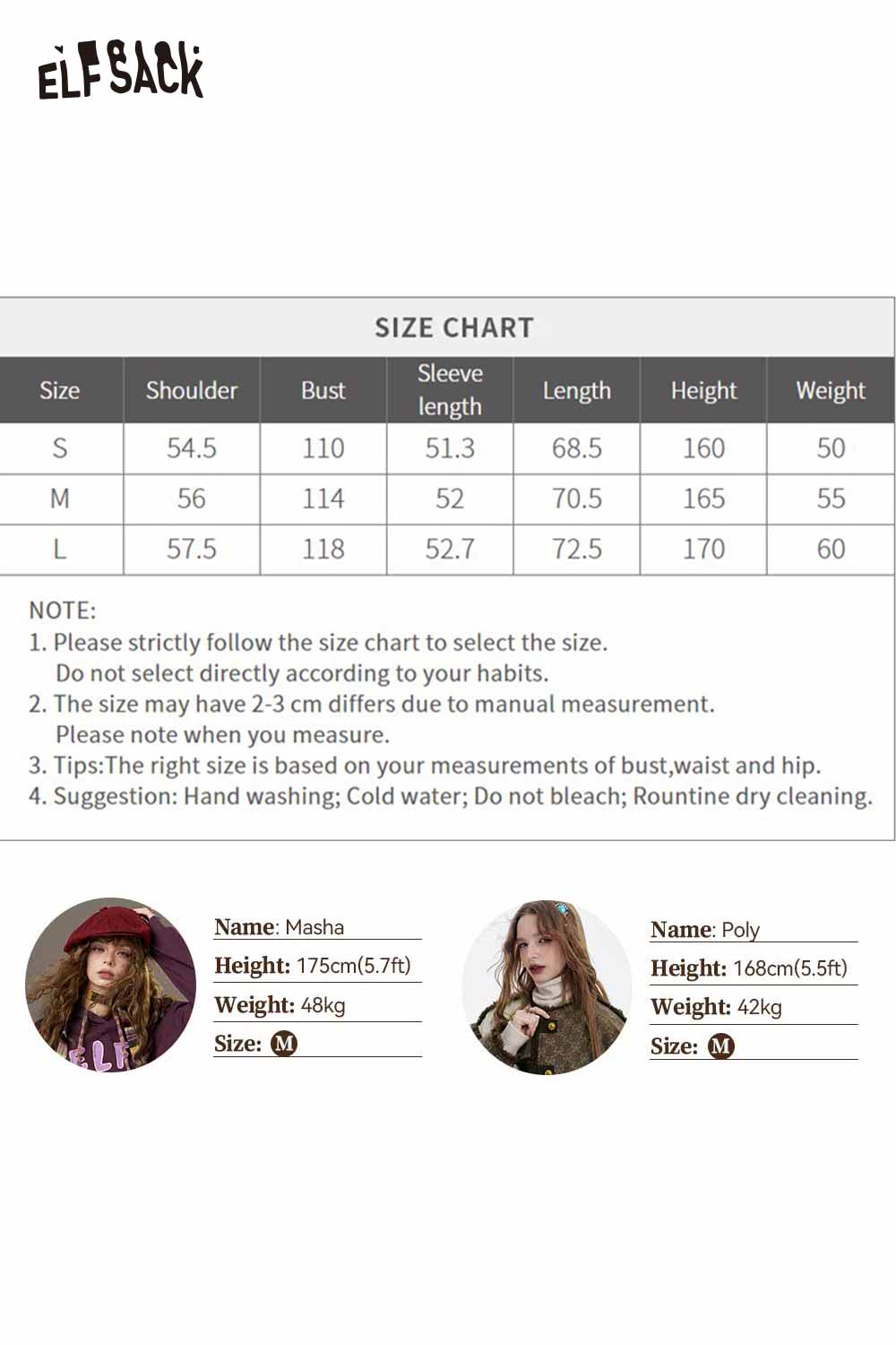ELFSACK women's plush button coat size chart with measurements for small, medium, and large sizes