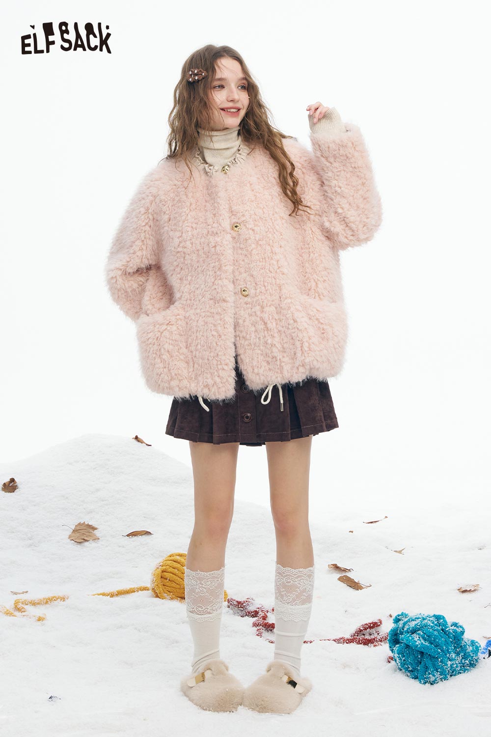 ELFSACK women's plush coat in soft pink with cozy pockets for stylish winter warmth