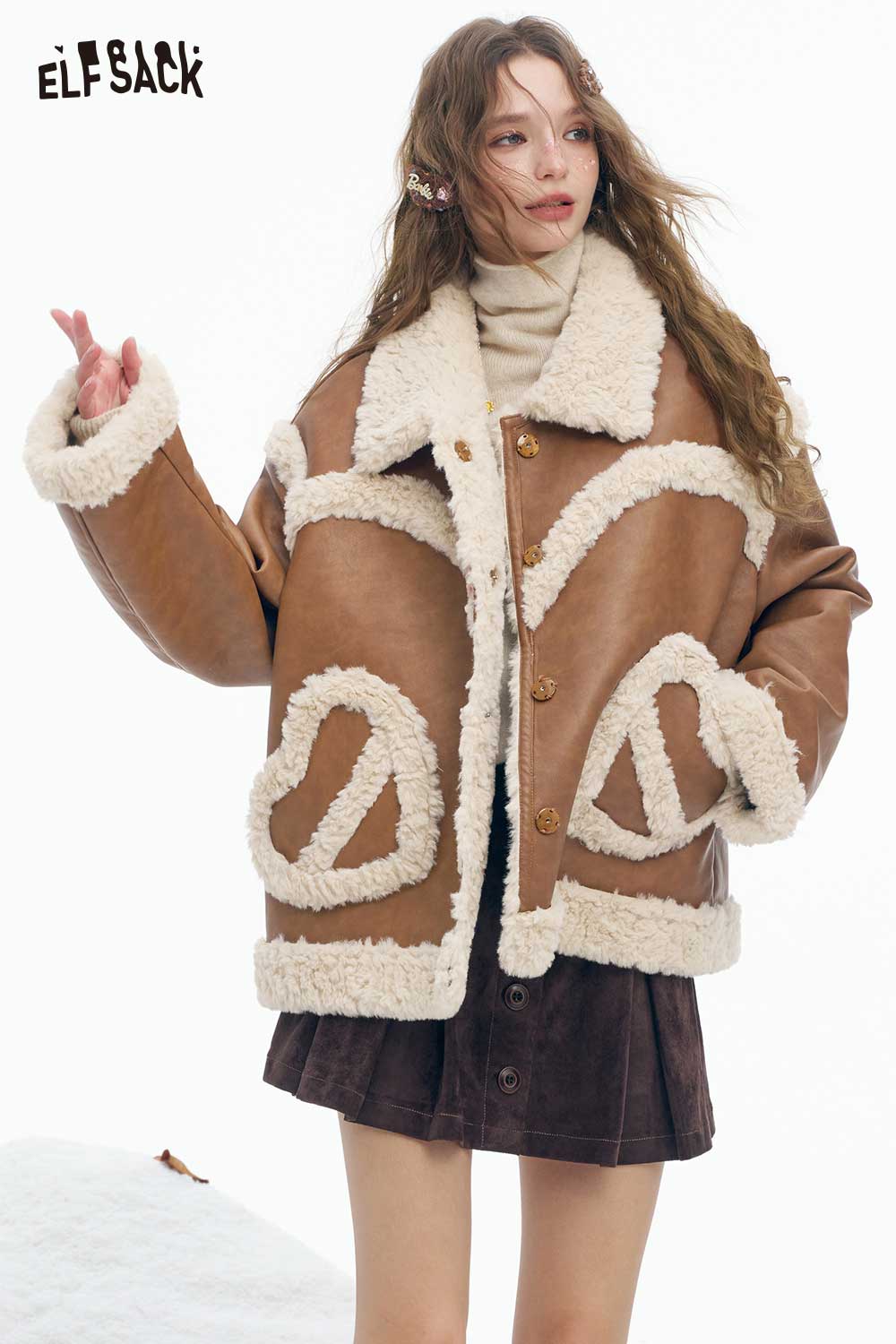 ELFSACK women’s plush heart pocket coat in brown with fluffy trim and oversized style