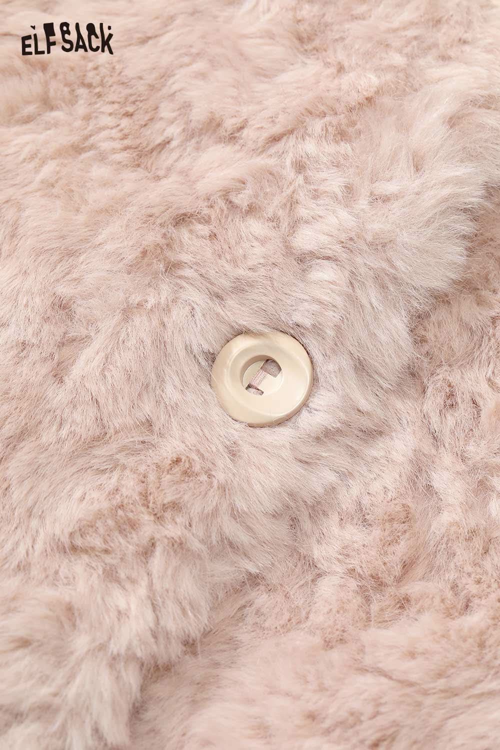 Close-up of ELFSACK women's plush hooded winter coat showcasing soft texture and button detail