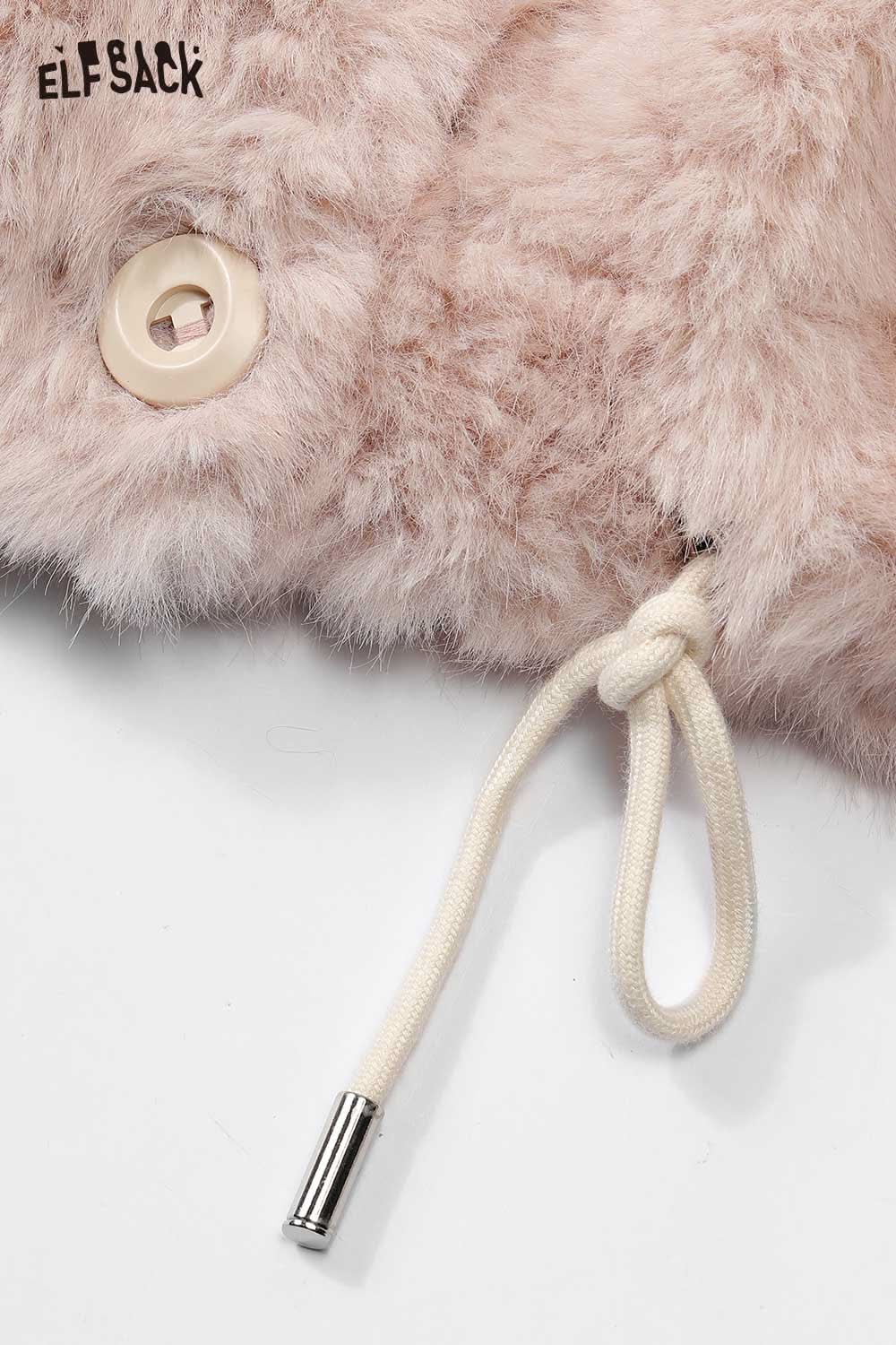 Close-up of ELFSACK women's plush hooded winter coat featuring soft fabric and button details