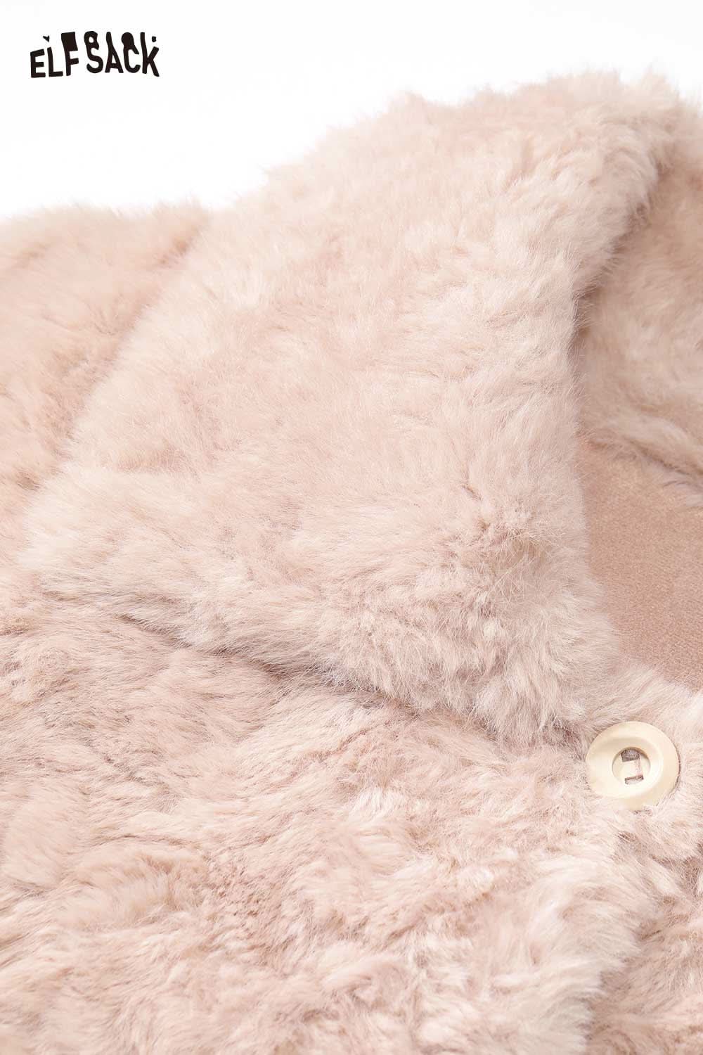 ELFSACK women's plush hooded winter coat in soft beige with button details and cozy texture