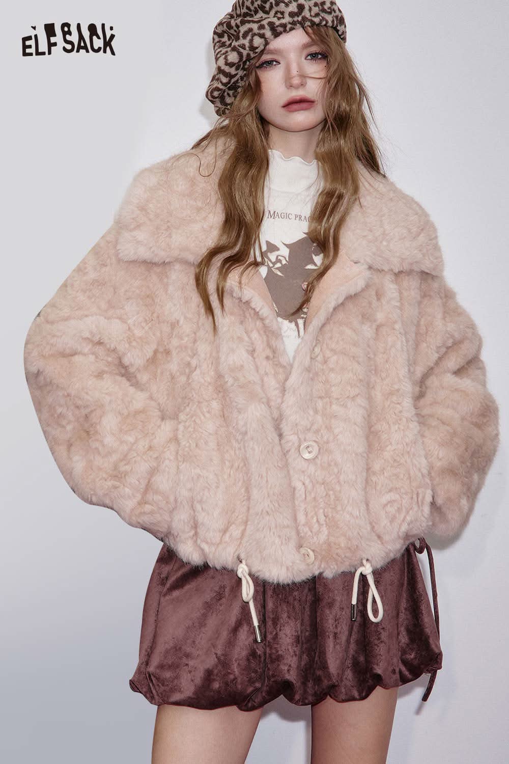 ELFSACK women's plush hooded winter coat in soft pink with a cozy oversized fit and button closure