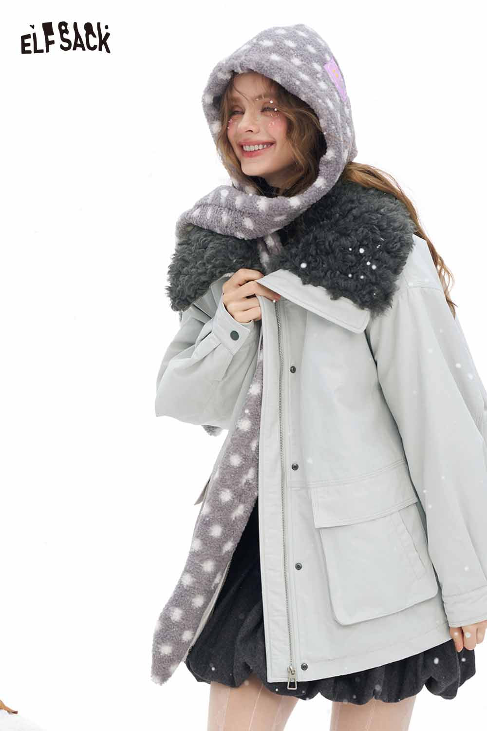 ELFSACK women's plush lapel coat in light gray with a cozy scarf for winter style