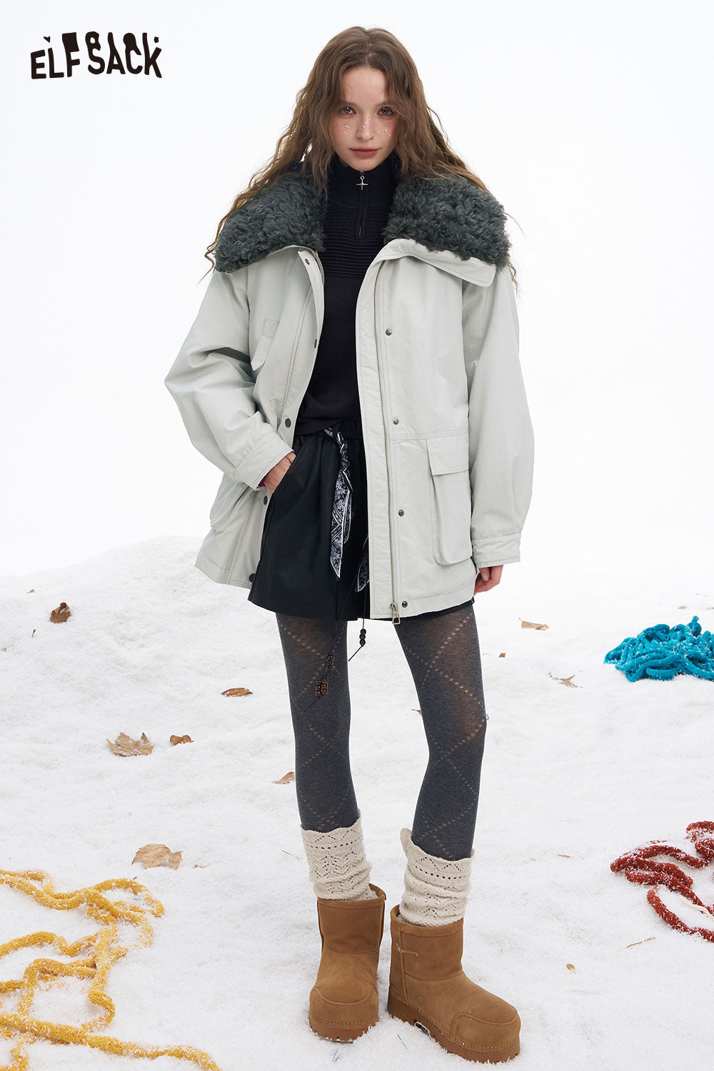 ELFSACK women's plush lapel coat in light gray with a fluffy collar and pockets for winter style