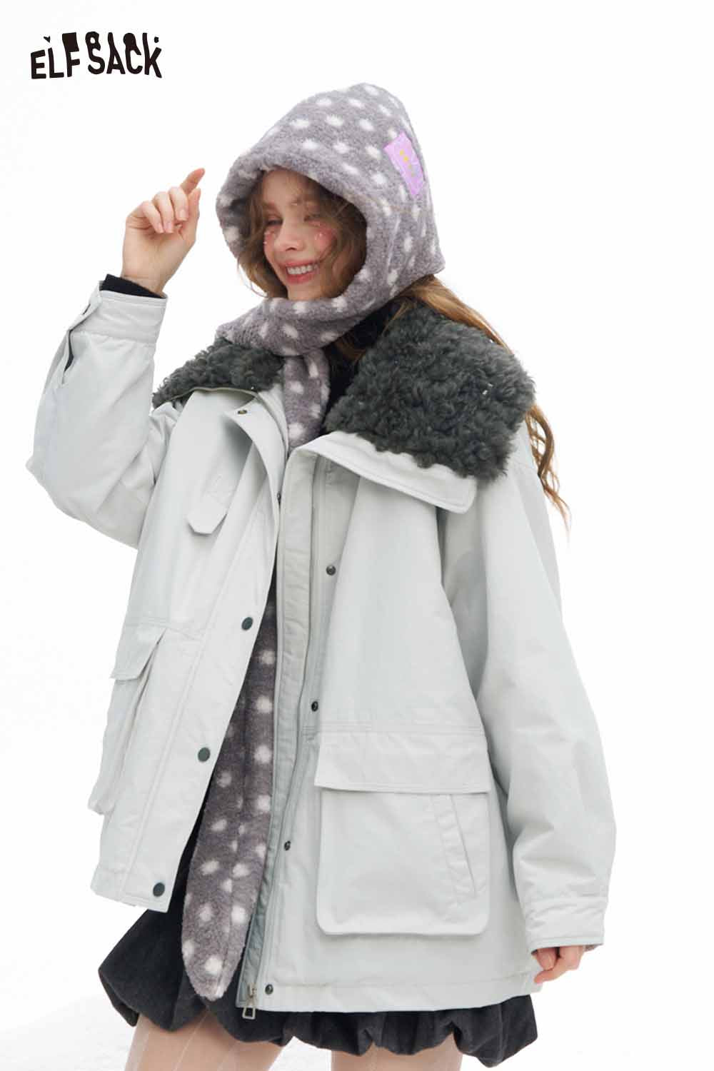ELFSACK women's plush lapel coat with a cozy grey hood and soft fur collar for stylish winter layering