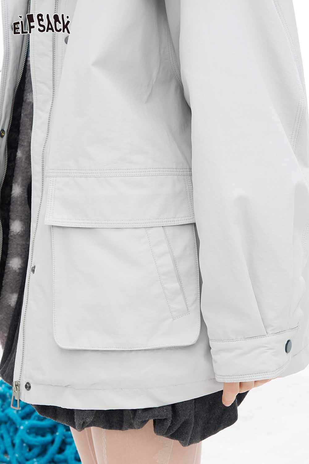 ELFSACK women's plush lapel coat in light gray with large front pockets and a relaxed fit