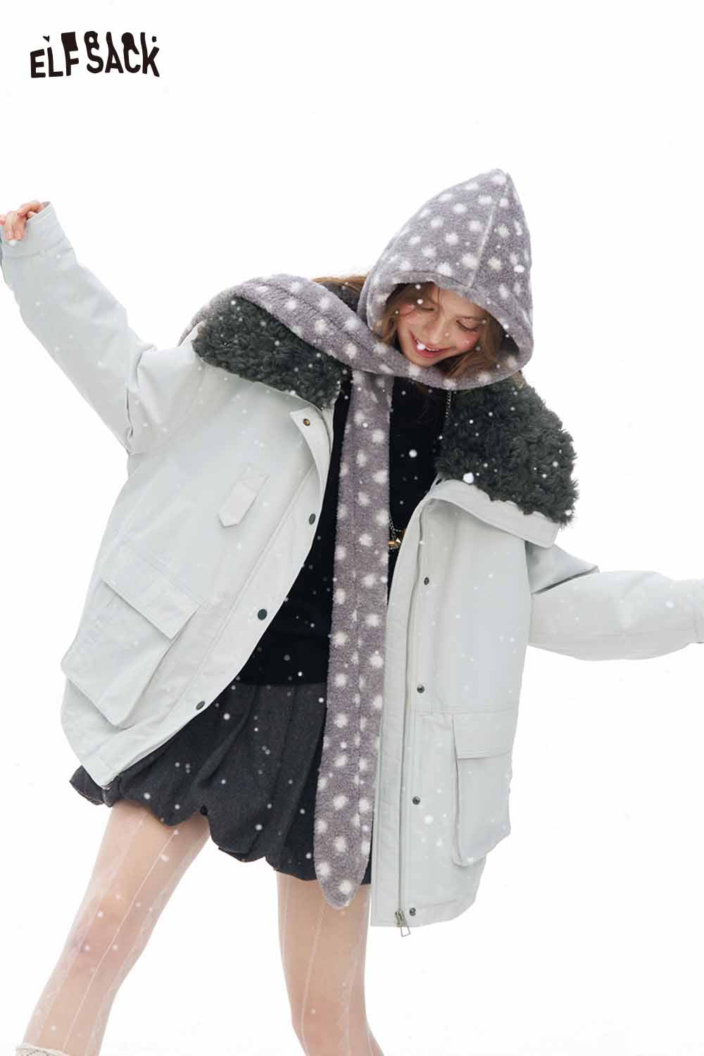 ELFSACK women's plush lapel coat in light grey with a cozy hood and stylish design, perfect for chilly weather.