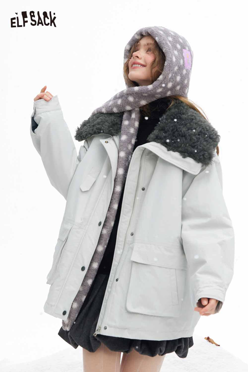 ELFSACK women's plush lapel coat with a cozy oversized fit and soft faux fur collar