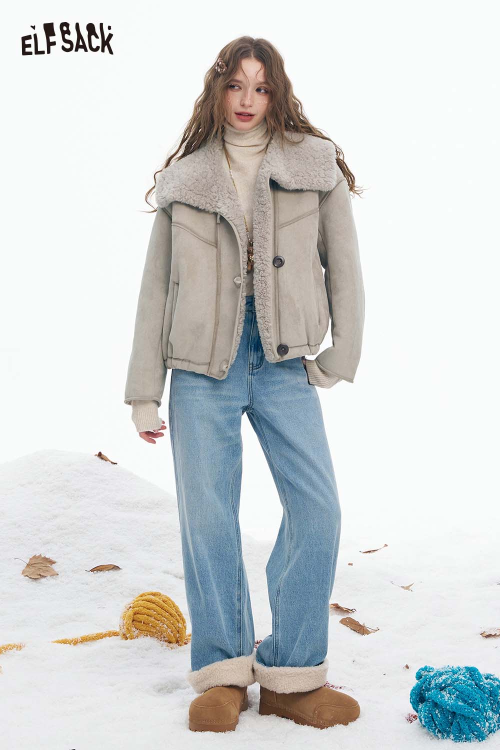 ELFSACK women's plush lapel short coat in light gray, styled with blue jeans and cozy boots