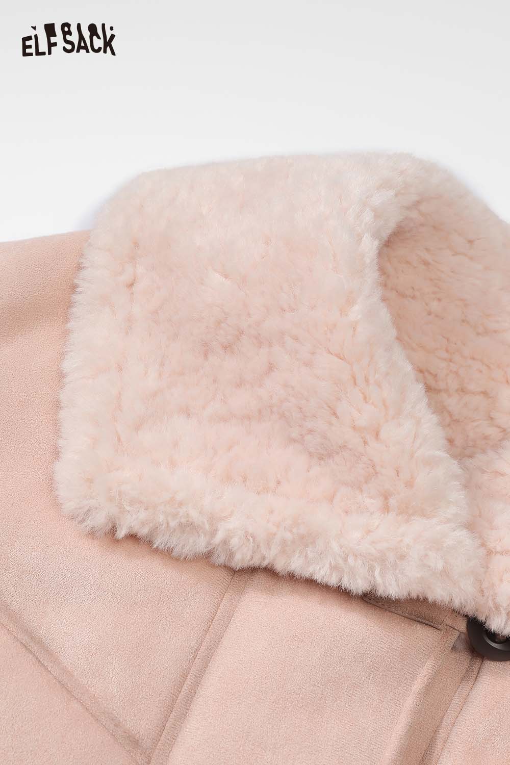 Close-up of ELFSACK women's plush lapel short coat featuring soft, fuzzy collar for added warmth