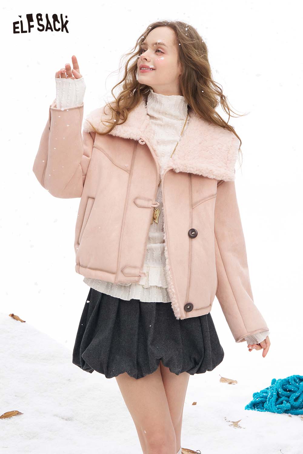 ELFSACK women's plush lapel short coat in soft pink with cozy design, ideal for winter fashion.