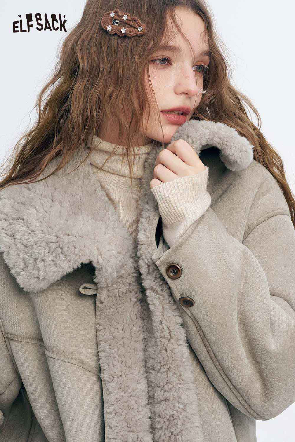 ELFSACK women's plush lapel short coat in light gray with a cozy faux fur collar and stylish buttons