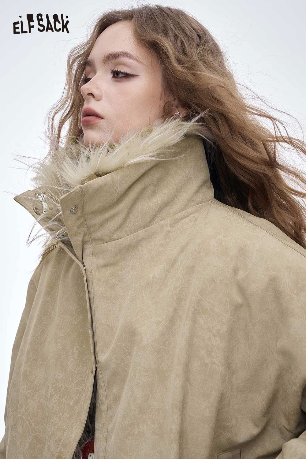 ELFSACK women's plush lined down jacket with a stylish high collar and soft fur details