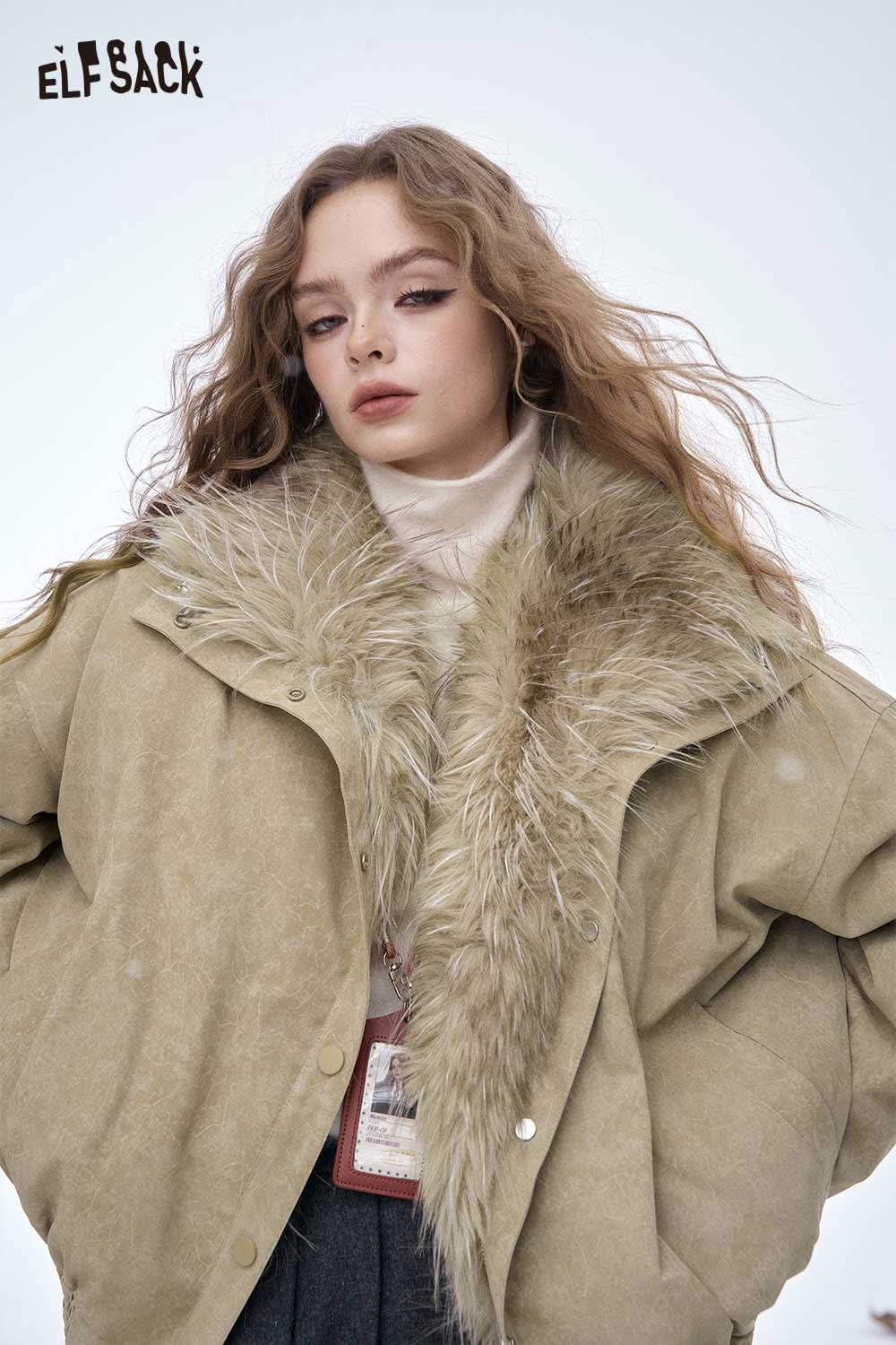 ELFSACK women's plush lined down jacket with faux fur collar for stylish winter warmth