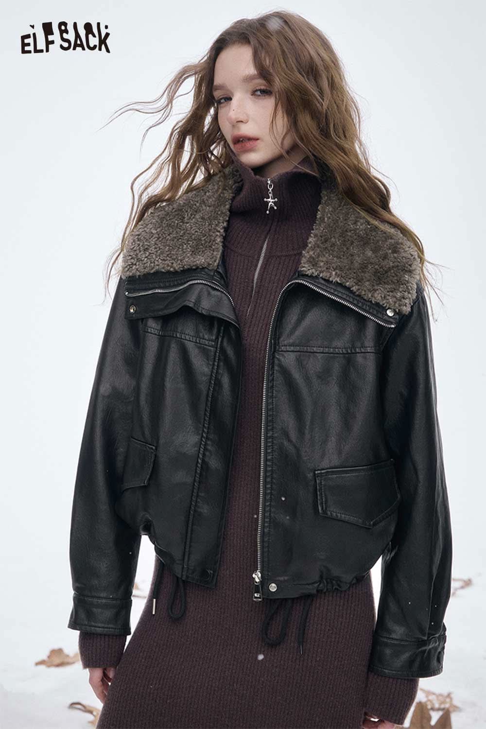 ELFSACK women's plush lined leather jacket with a stylish fur collar for a chic winter look