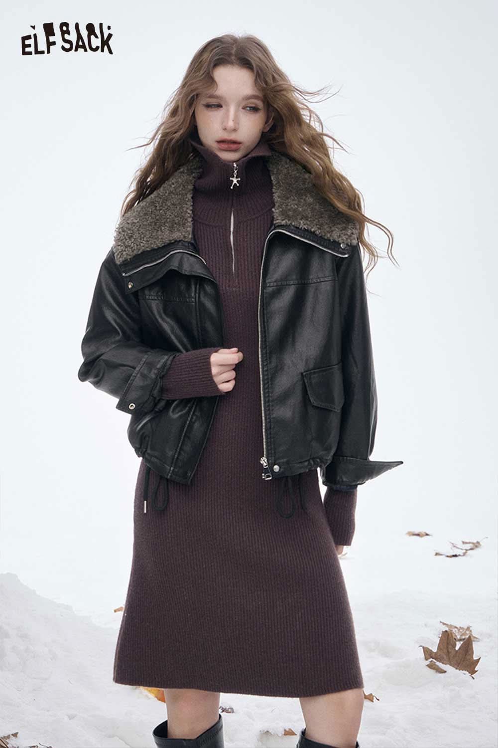 ELFSACK women's plush lined leather jacket with faux fur collar, perfect for stylish winter outfits