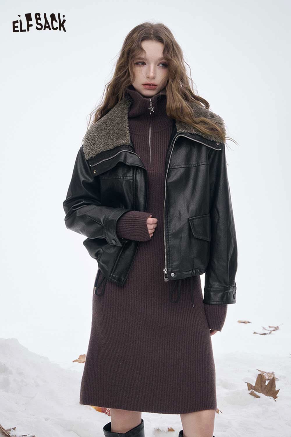 ELFSACK women's plush lined leather jacket with a stylish fur collar and winter outfit ensemble