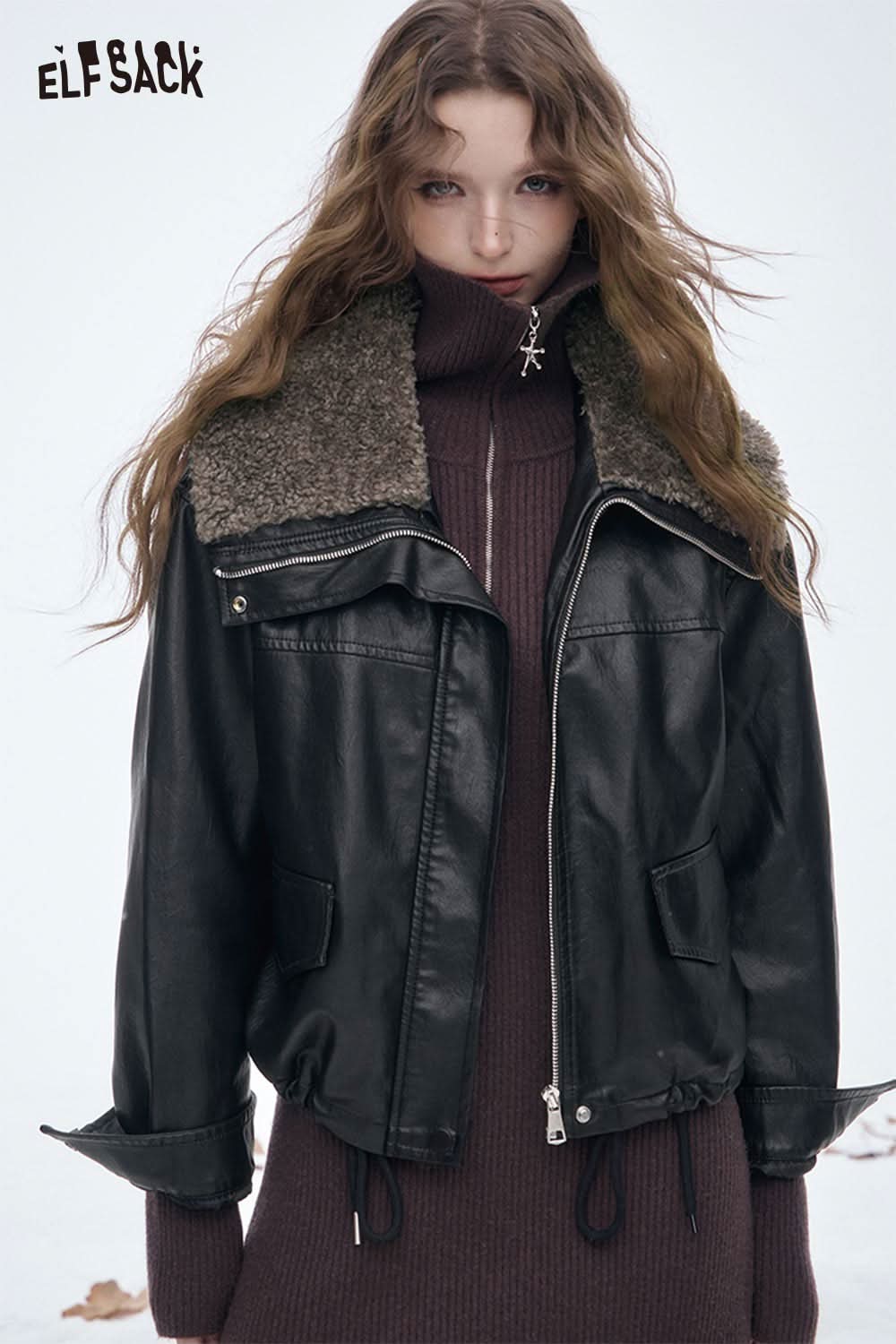 ELFSACK women's plush lined leather jacket with fur collar and stylish cropped design for winter outfits