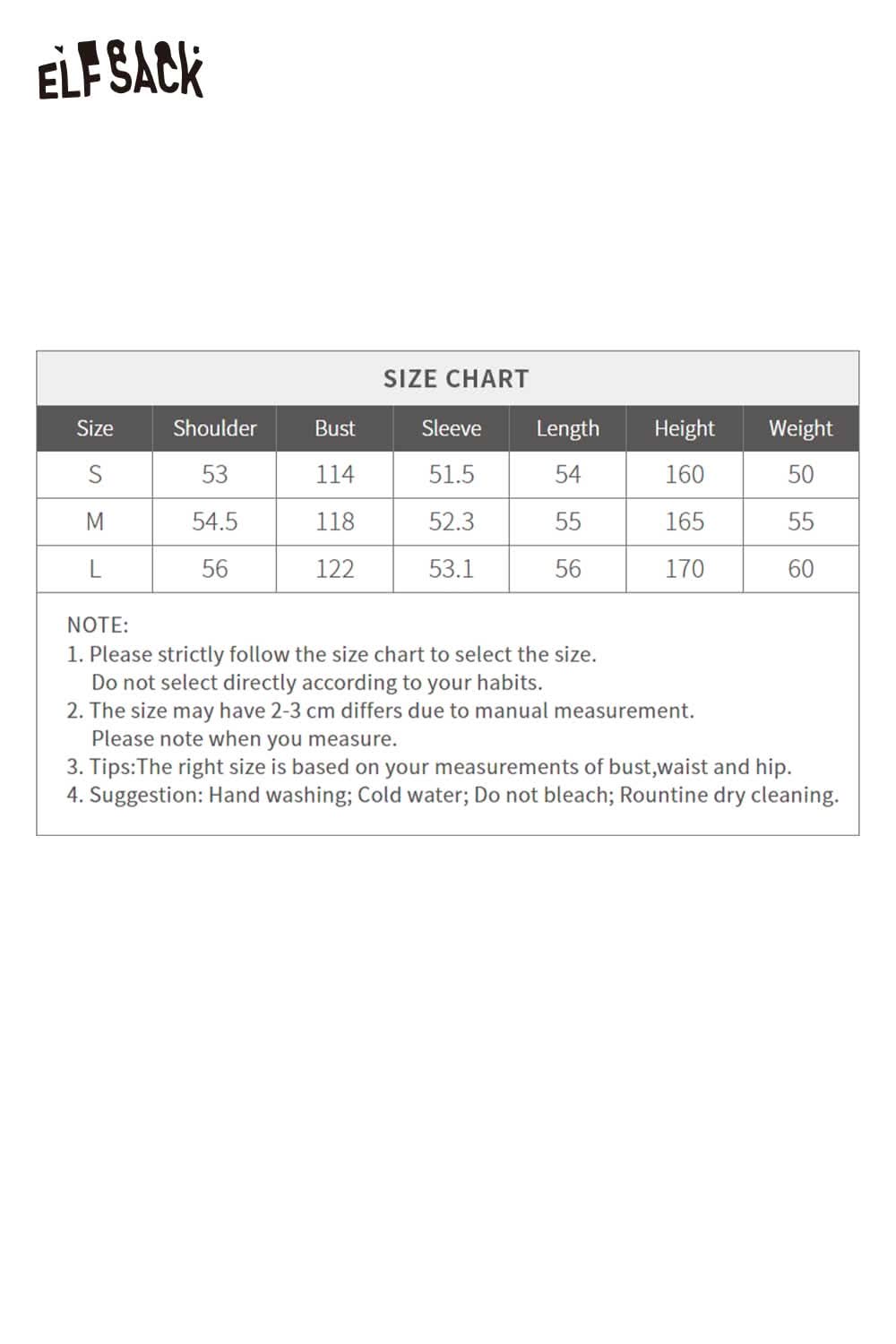 ELFSACK women's plush lined leather jacket size chart with measurements for proper fit
