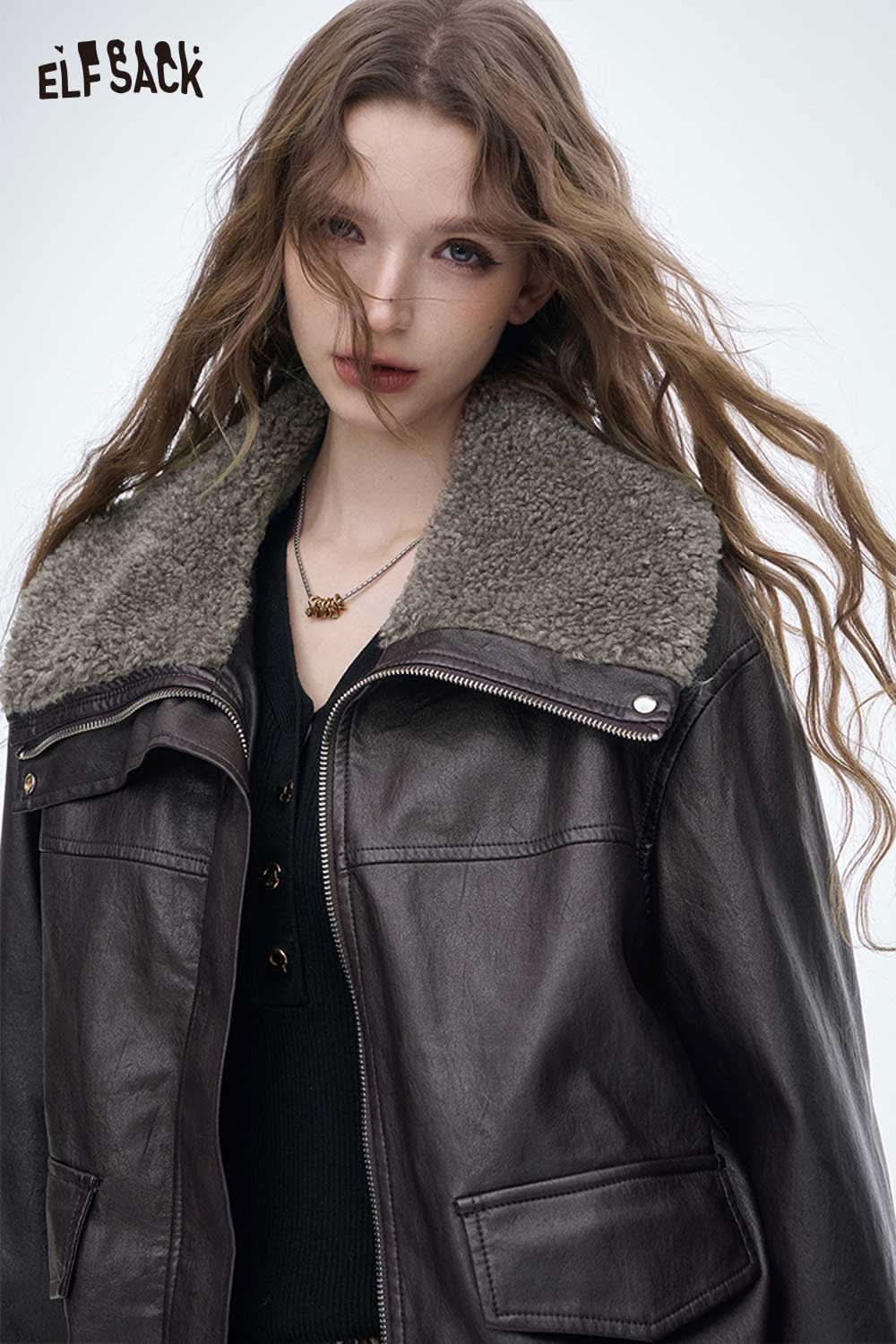 ELFSACK women's plush lined leather jacket in dark brown with a cozy fur collar and stylish design