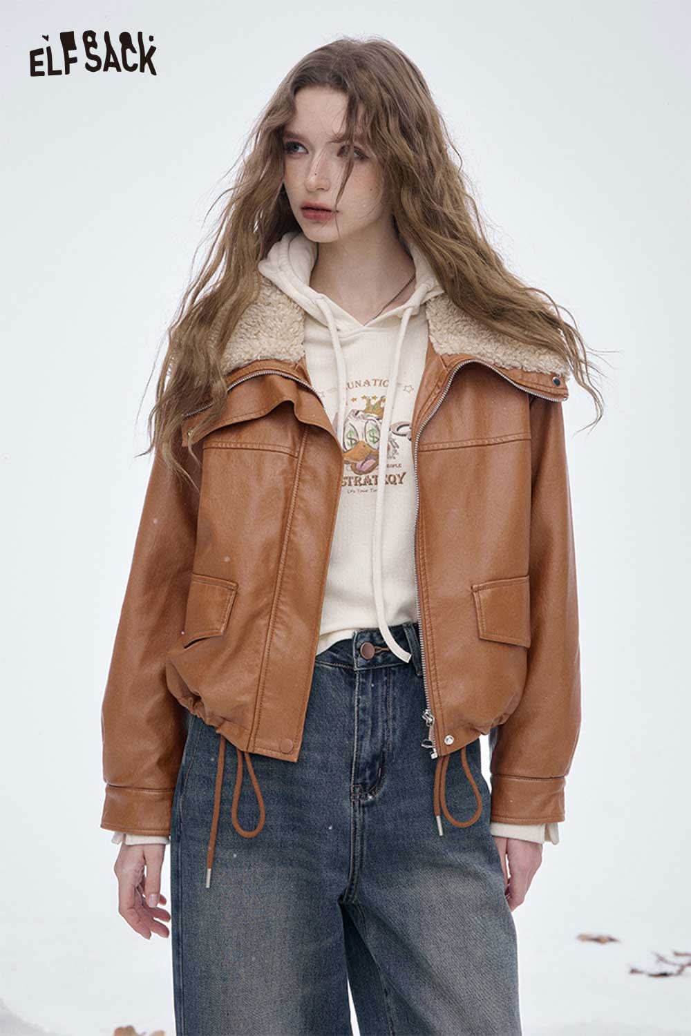 ELFSACK women's plush lined leather jacket in brown with a cozy fur collar for stylish warmth