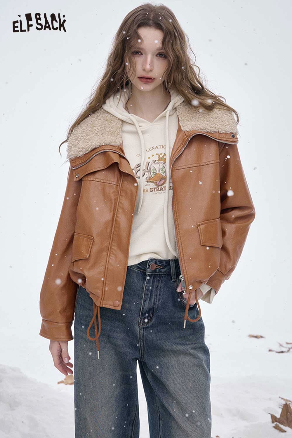 ELFSACK women's plush lined leather jacket in brown with fur collar for stylish winter wear