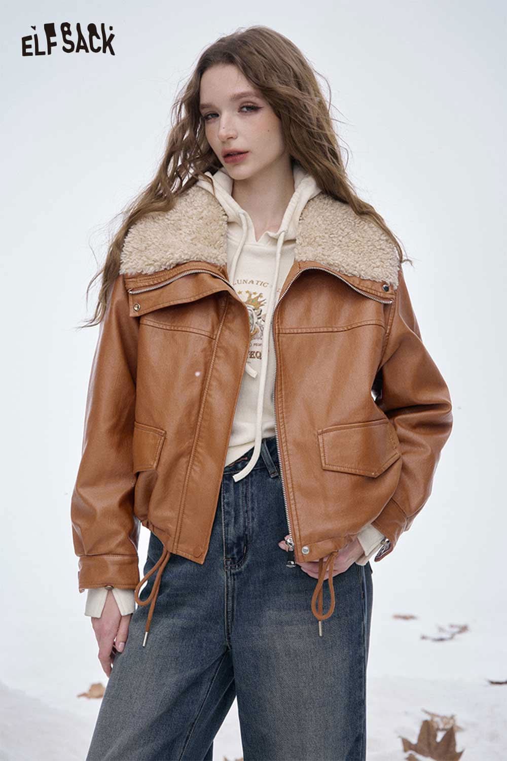 ELFSACK women's plush lined leather jacket in brown with cozy fur collar for stylish warmth