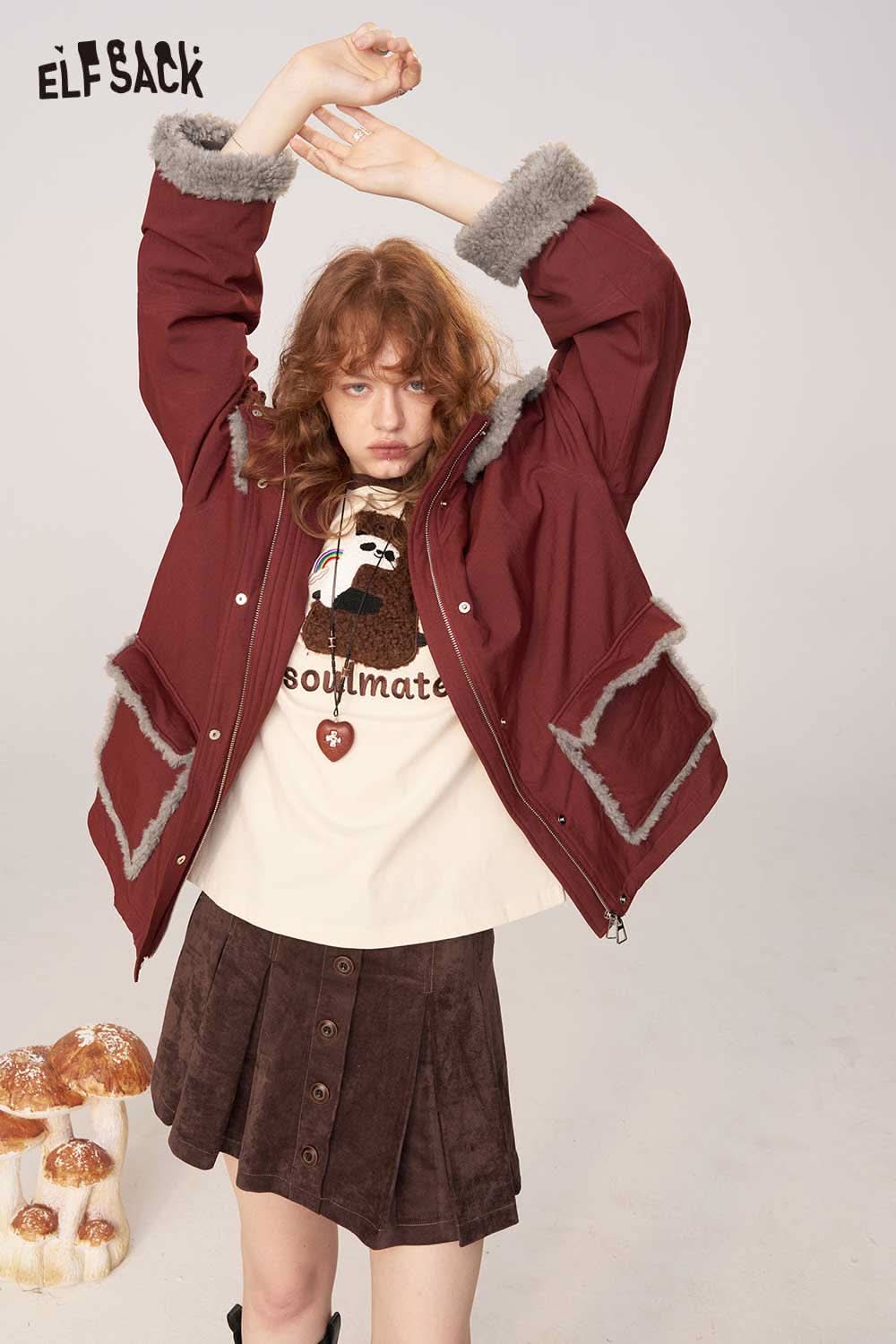 ELFSACK women's plush puffer jacket in burgundy with faux fur trim for stylish warmth