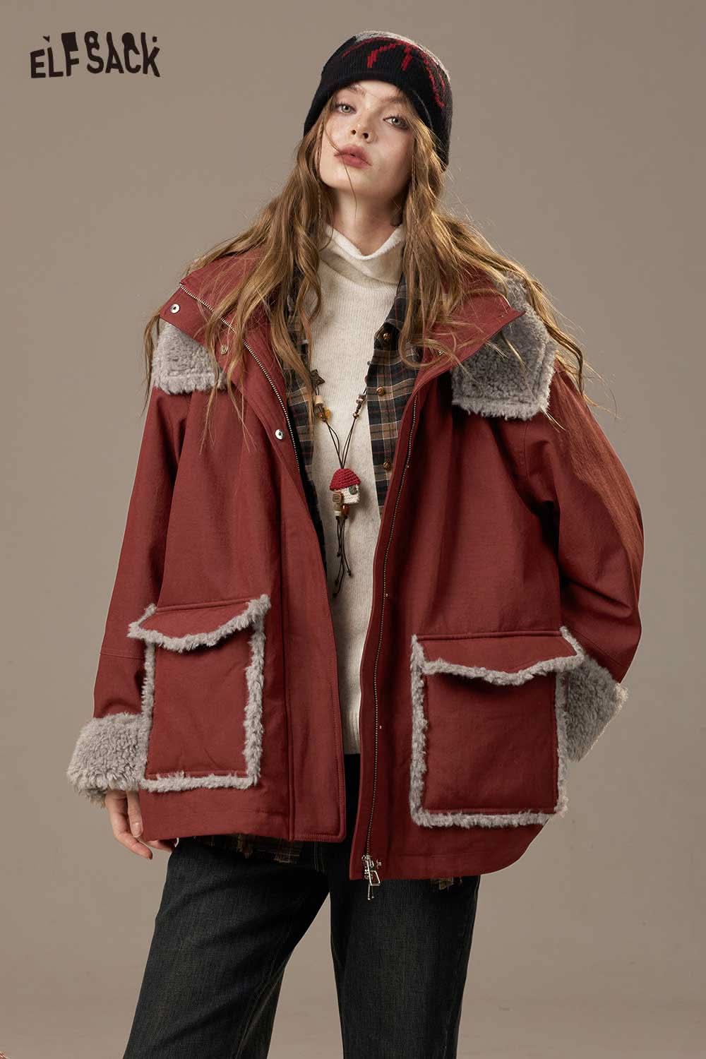 ELFSACK women's plush puffer jacket with fur-lined collar and pockets in a stylish red design