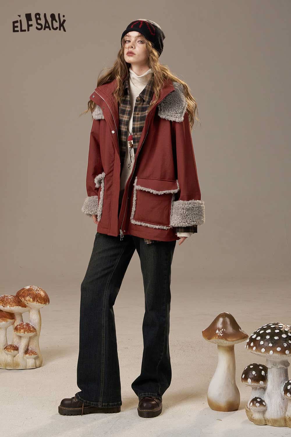 ELFSACK women's plush puffer jacket in burgundy with cozy fur trim for stylish winter warmth